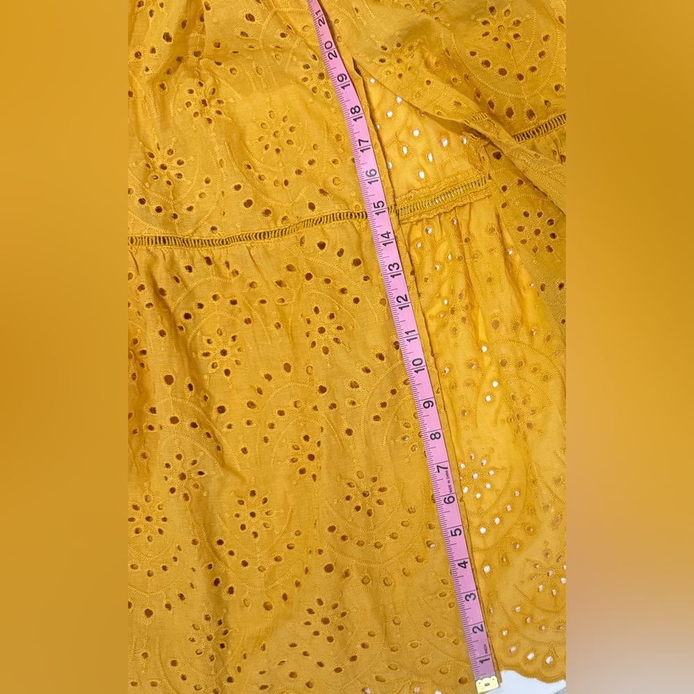 Boho Eyelet Midi Dress Mustard Yellow Sundress Slit Summer Size S - Picture 6 of 8